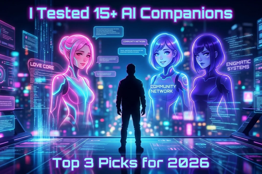 A person standing before three glowing holographic AI companion avatars in a futuristic neon-lit environment — I tested 15+ AI companions, top 3 picks for 2026