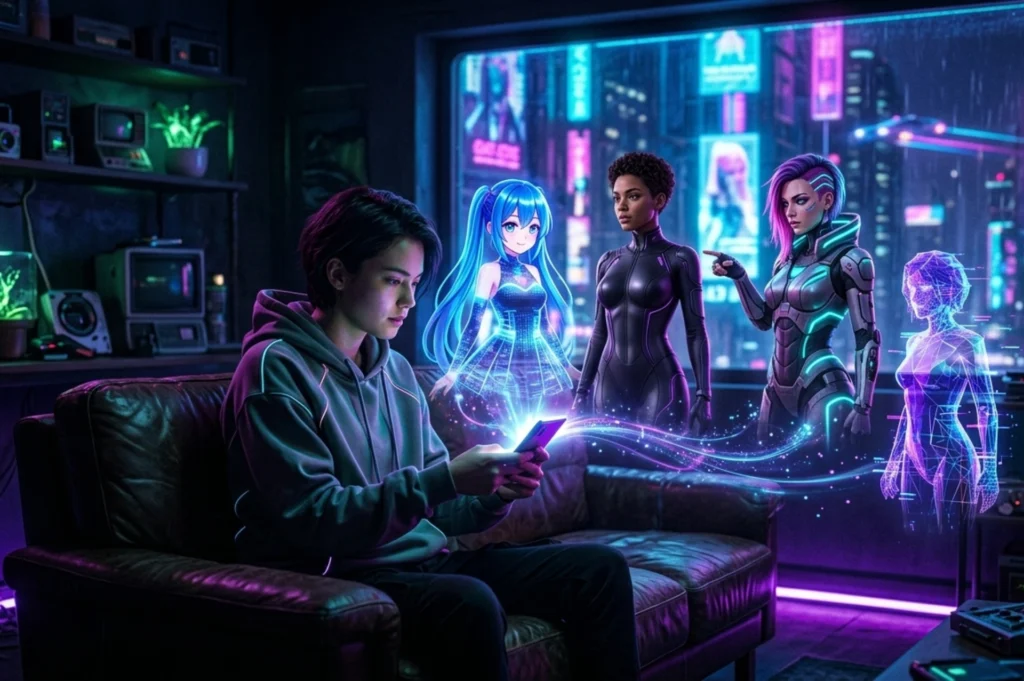 Futuristic neon scene of a person using a smartphone with holographic AI girlfriend avatars representing lucid dream telegram bots and alternatives