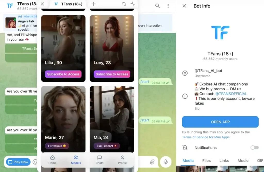TFans Telegram AI girlfriend bot interface showing character options and chat features as an alternative to Lucid Dreams Telegram