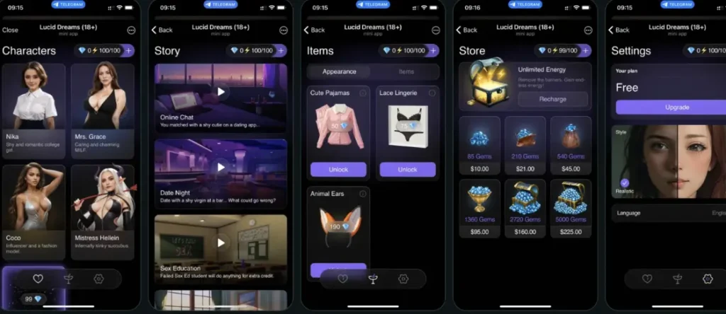 Lucid Dreams Telegram bot interface showing characters, story mode, items, and in-app store features