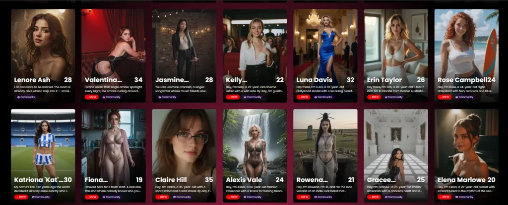 A dark red-themed interface showing a grid of AI-generated female characters. Each profile includes a name, age, short backstory, and tags such as “NSFW” and “community,” with visually rich portraits ranging from realistic to stylized environments.