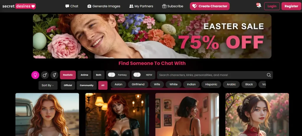 Secret Desires AI platform showing character selection with realistic and anime styles, chat and image generation features - best AI companion for intimacy 2026