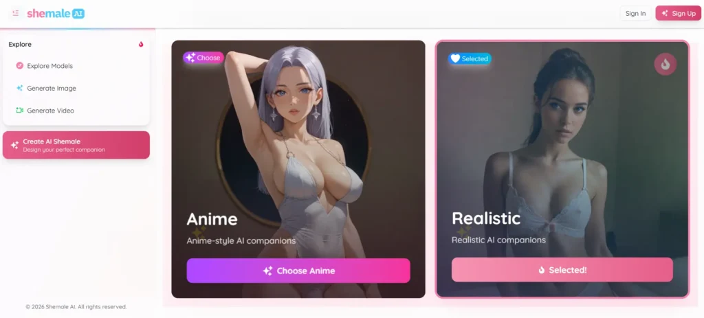 Shemale AI companion style selection screen showing Anime and Realistic options, with Realistic AI companions mode selected