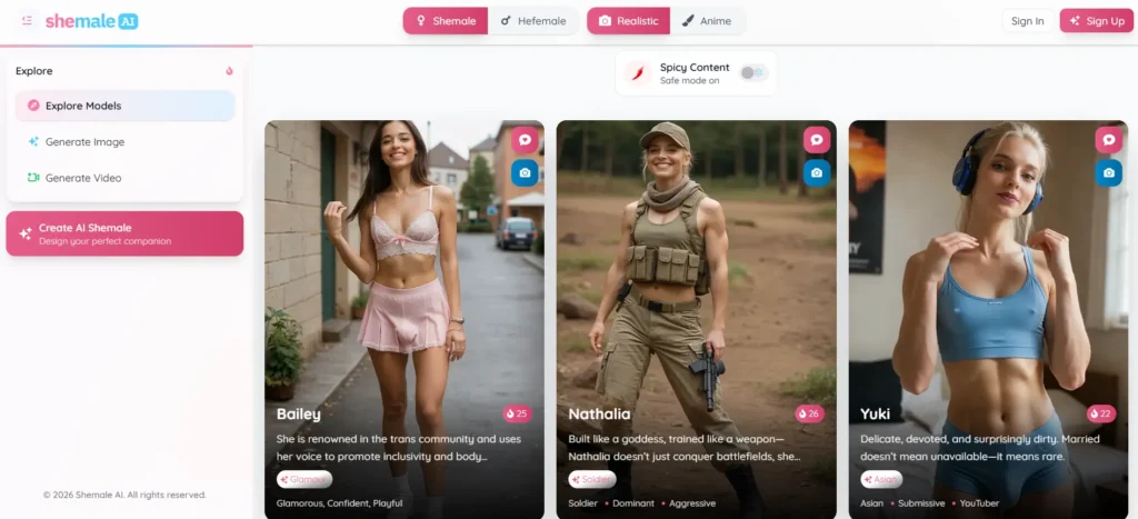 Shemale AI explore models page showing trans AI companions Bailey, Nathalia, and Yuki with filter tabs for Shemale, Hefemale, Realistic, and Anime styles