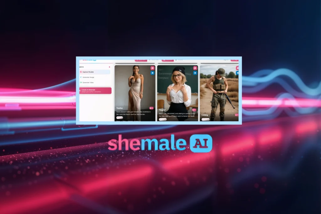 Shemale AI platform interface showing AI trans companion models Tasha, Taylor, and Casey with the Shemale AI logo on a dark neon background