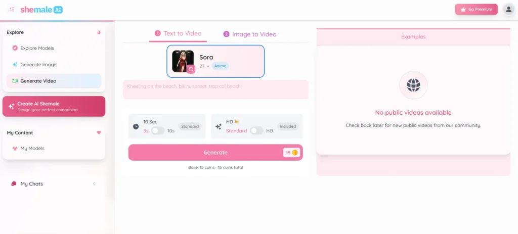 AI video generation interface showing text-to-video and image-to-video tabs, with character Sora selected and a coin-based generation system showing 15 coins per video