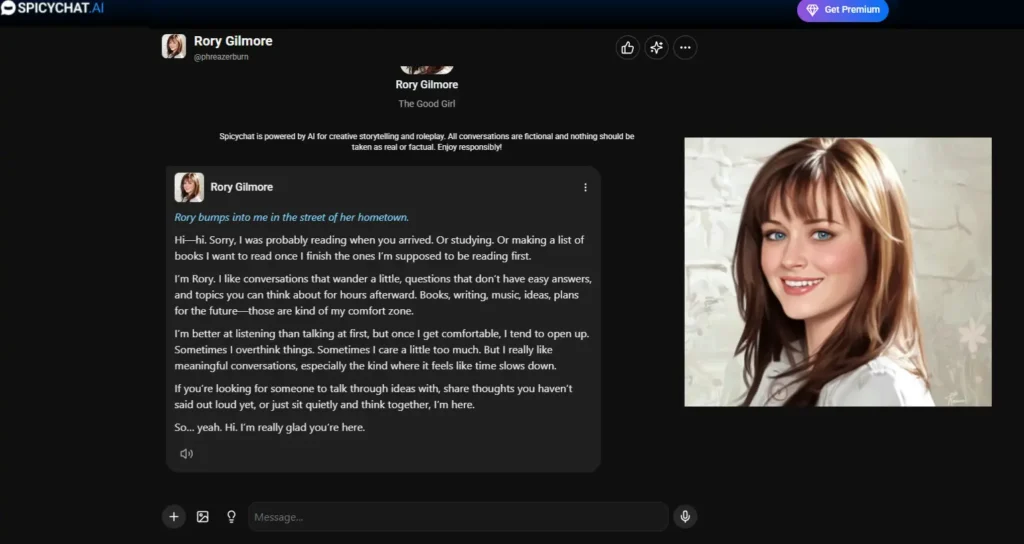 SpicyChat AI showing an innocent "good girl" character named Rory Gilmore starting a sweet conversation, perfect first step for a corruption kink roleplay arc.