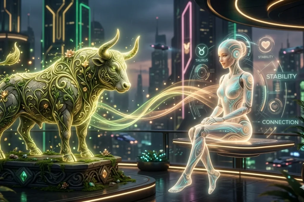 Taurus zodiac bull symbol facing a futuristic AI companion hologram in a cyberpunk setting representing emotional connection and stability