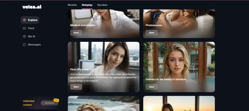 Velea AI roleplay section displaying immersive scenario cards like “First office day” and “Medical examination”, perfect for slow-burn corruption kink stories.