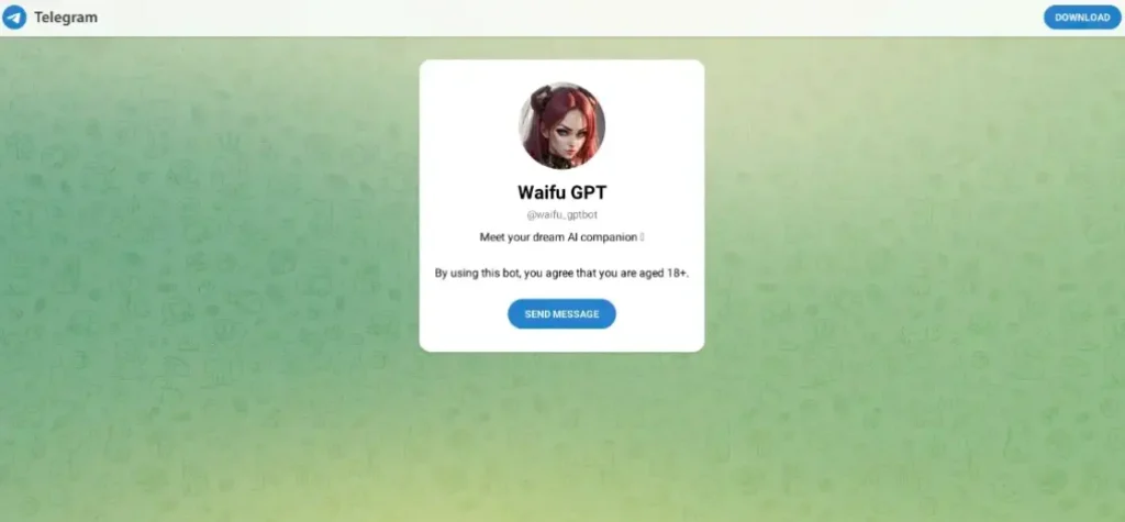 WaifuGPT Telegram AI girlfriend bot interface with chat option and onboarding screen