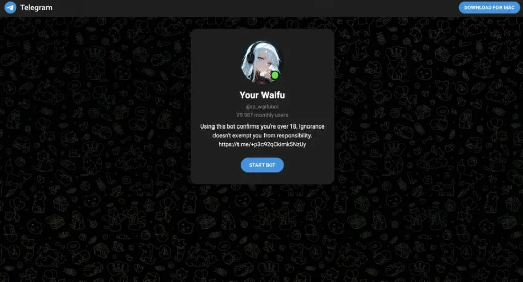 Your Waifu Telegram AI girlfriend bot homepage showing start bot option and user interface