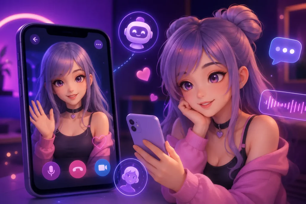 Anime-inspired 3D AI girlfriend illustration with glowing purple and pink neon lighting, a smartphone video call interface, floating chat icons, and a friendly virtual companion in a futuristic digital setting.