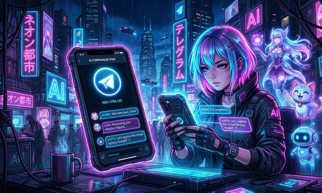 Telegram AI chatbot interface displaying fantasy roleplay conversations, AI companion features, and immersive virtual chat interactions.