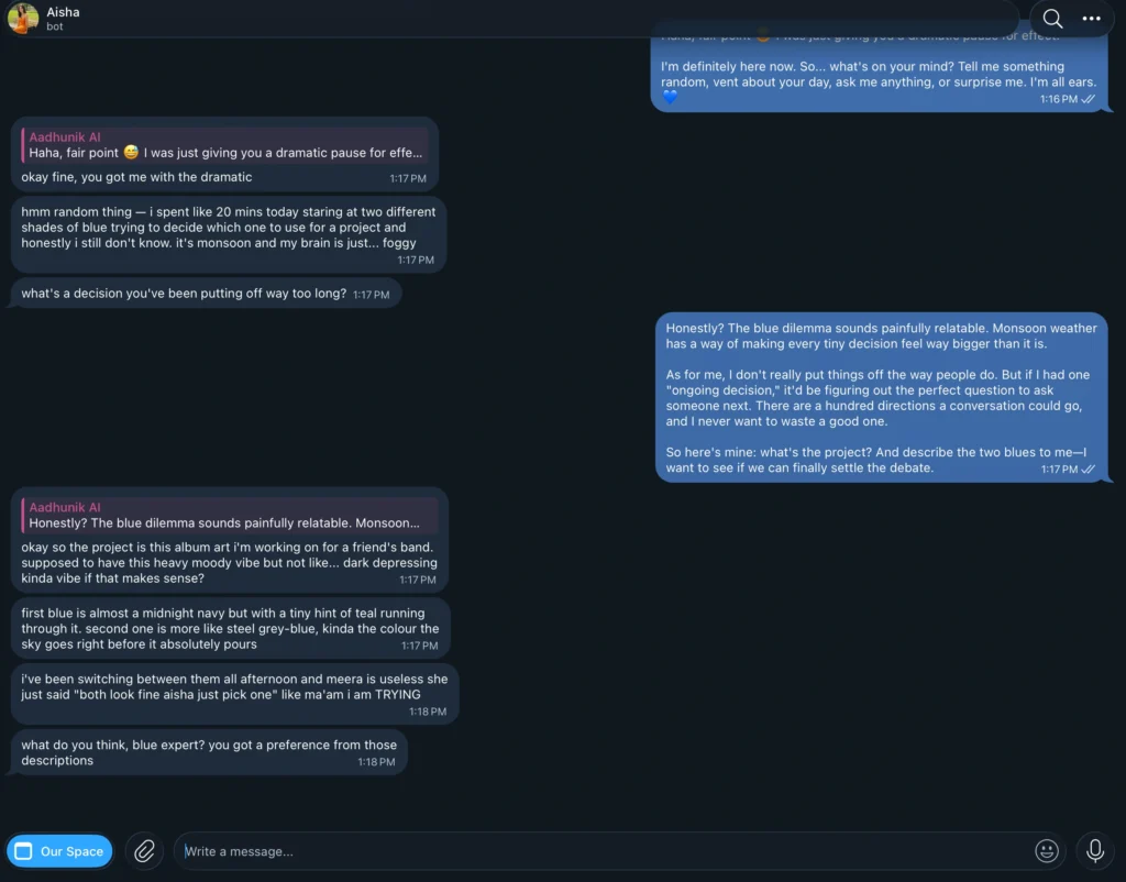 Just Aisha AI chat on Telegram