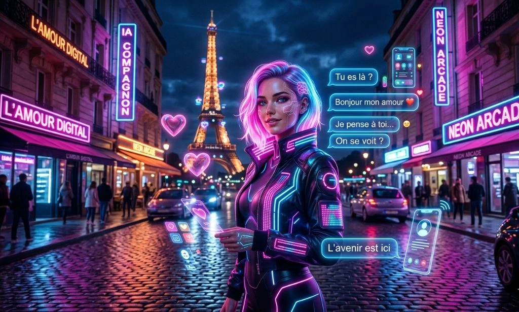 Futuristic neon AI companions in Paris representing French AI chat and virtual girlfriend apps in 2026.