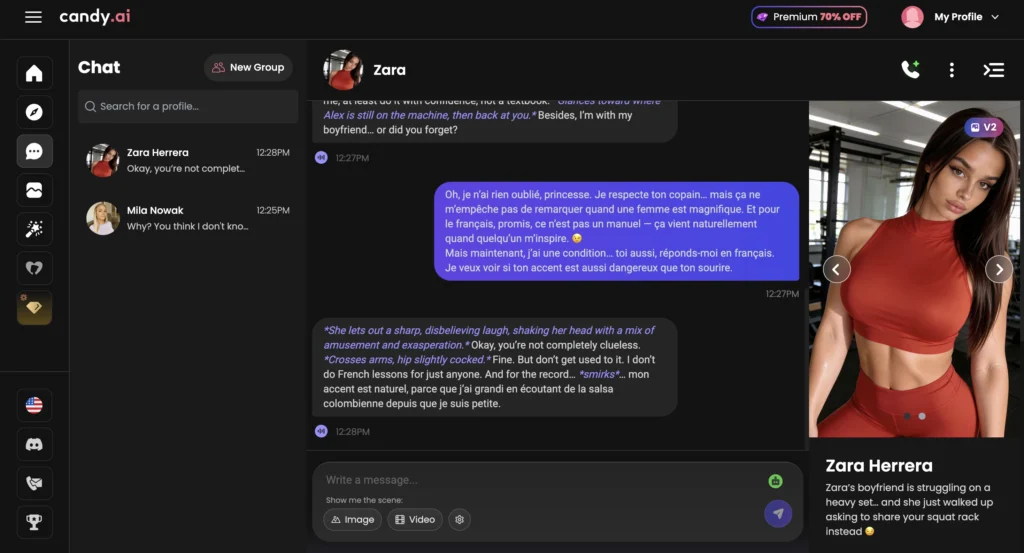 AI companion chatting in French on Candy AI with romantic virtual girlfriend interface.