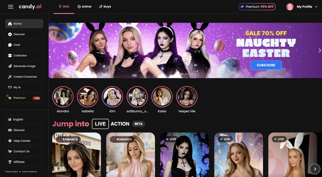 Candy AI homepage displaying customizable AI companions, emotional chat features, and romantic virtual relationship options.