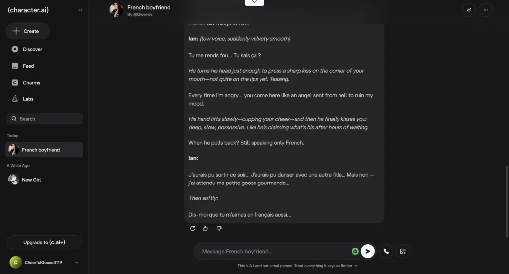 Character AI app showing customizable French AI character conversation.