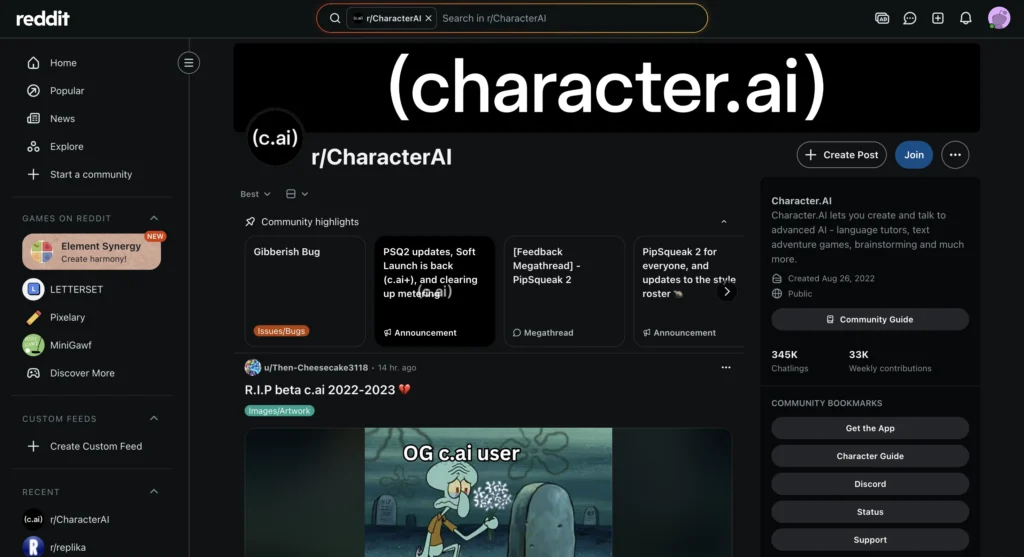 Reddit threads about Character.AI showing AI character roleplay, storytelling chats, and user-created chatbot experiences.