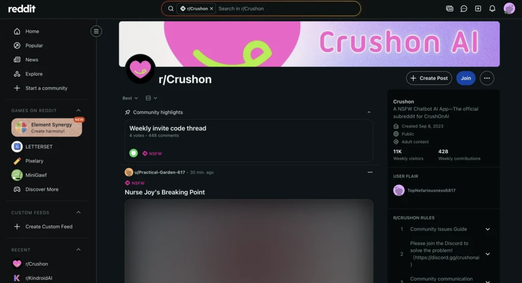 Reddit threads about CrushOn AI discussing NSFW AI chats, roleplay features, and customizable AI companion interactions.