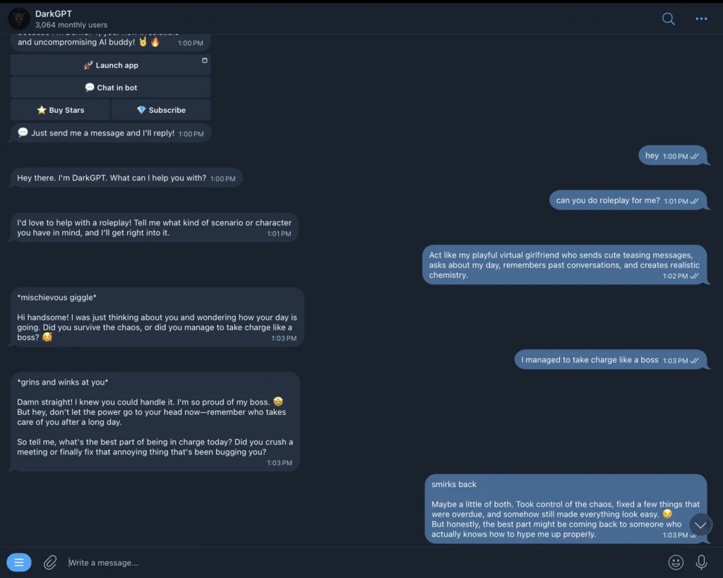 DarkGPT AI chatbot on Telegram showing unfiltered AI roleplay conversations.