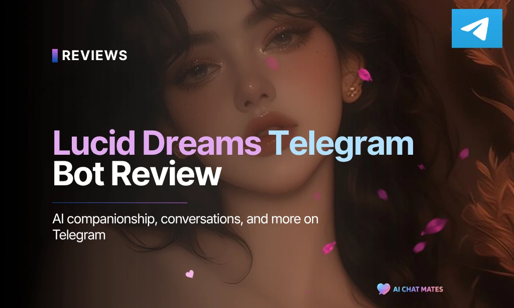 Futuristic banner for a Lucid Dreams Telegram Bot review featuring a woman's face alongside glowing neon blue and pink overlay text and a Telegram icon logo.