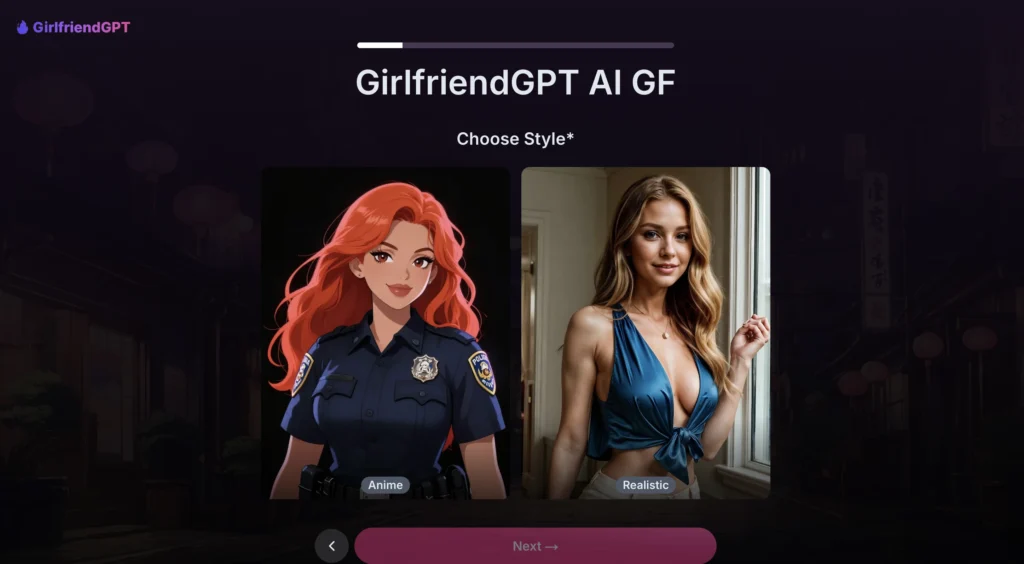 GirlfriendGPT homepage showing AI companion customization.