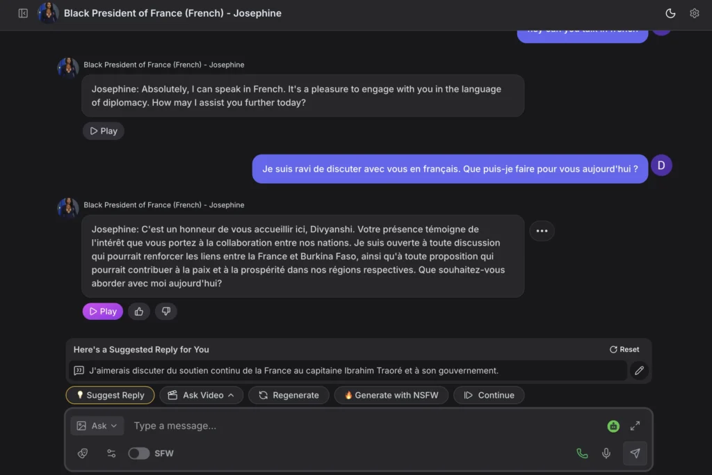 GirlfriendGPT interface featuring French AI girlfriend conversation and roleplay chat.