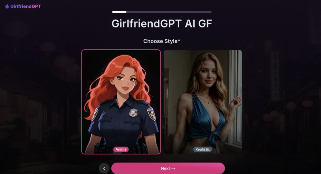 GirlfriendGPT homepage showing AI companion features.