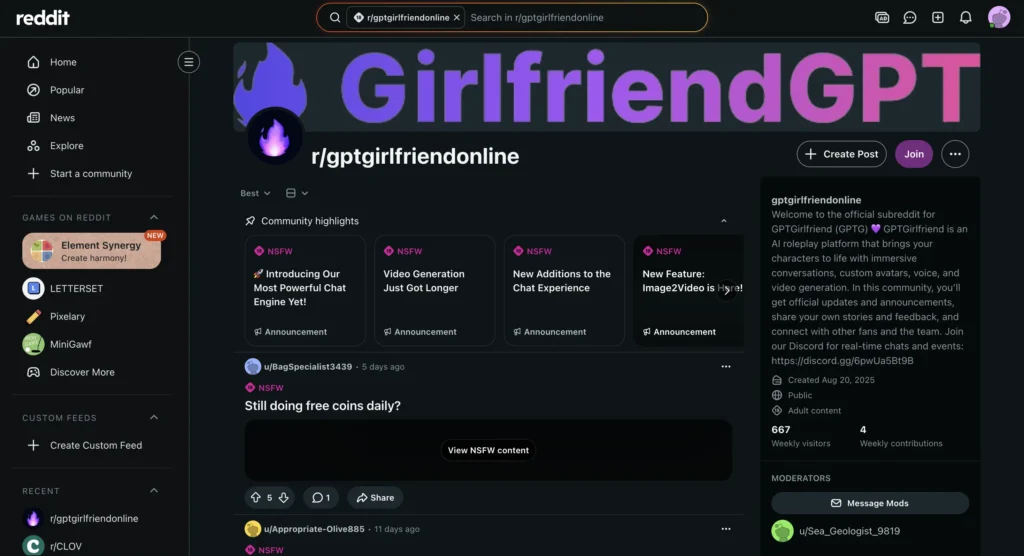 Reddit discussions about GirlfriendGPT covering AI character creation, romantic roleplay, and customizable AI companion experiences.