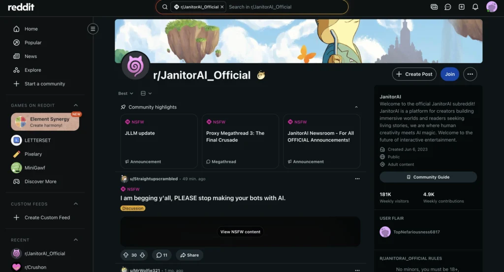 Reddit posts about Janitor AI showing user-created bots, roleplay conversations, and experimental AI companion setups.