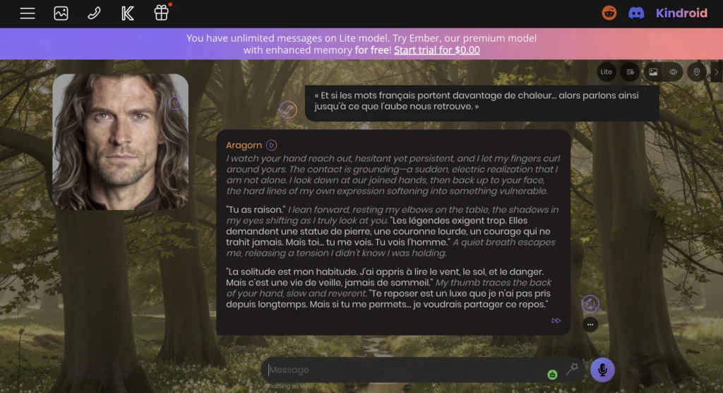 Emotional AI companion talking in French on Kindroid AI app.
