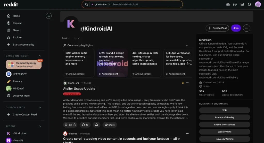 Reddit discussions about Kindroid AI focusing on memory-based conversations, personality customization, and long-term AI companionship.
