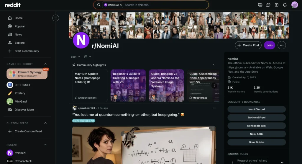 Reddit posts about Nomi AI highlighting realistic conversations, long-term memory retention, and emotional AI companionship.