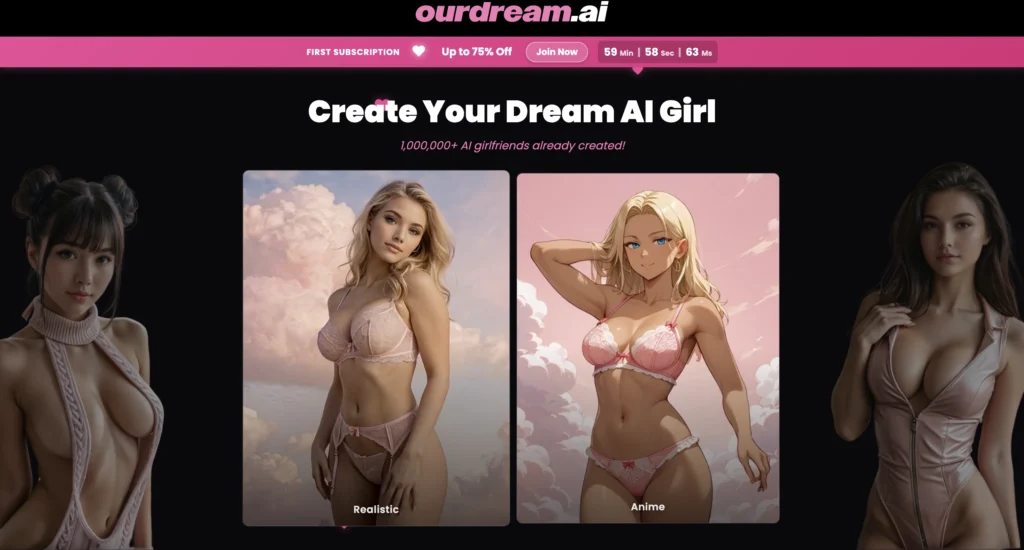 OurDream AI homepage with AI-generated companion characters.