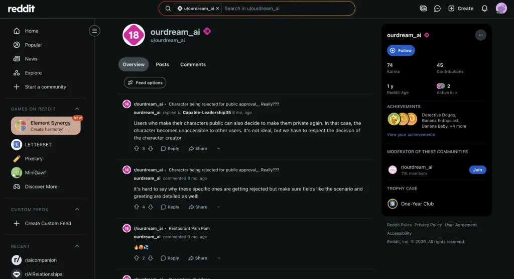 Reddit subreddit interface showing posts and discussions about OurDream AI, including user reviews of AI girlfriend features, chat experiences, and multimedia AI generation tools.