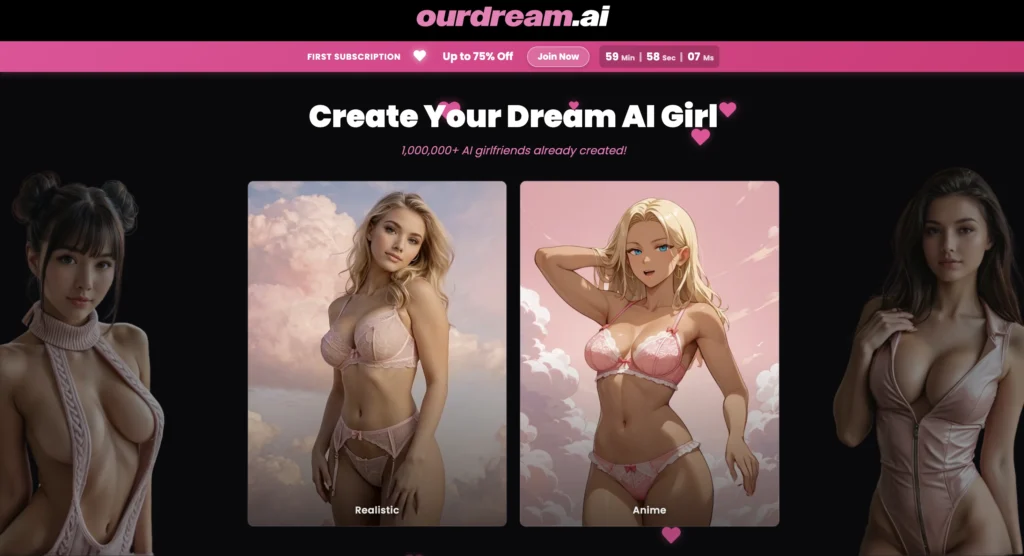 OurDream AI homepage featuring fantasy AI companion.