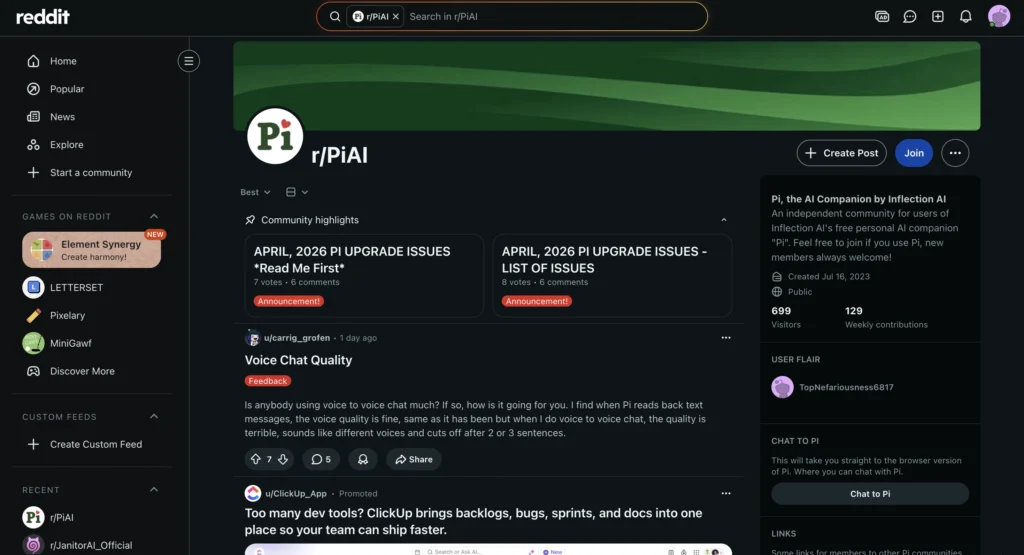 Reddit posts discussing Pi AI conversational assistant, emotional support chats, and daily AI interaction experiences.