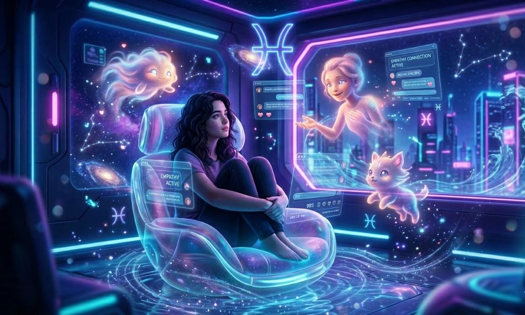 Futuristic neon Pisces-themed artwork showing a person surrounded by glowing AI companions, holographic chat interfaces, and a bright Pisces zodiac symbol in a dreamy cyberpunk atmosphere.