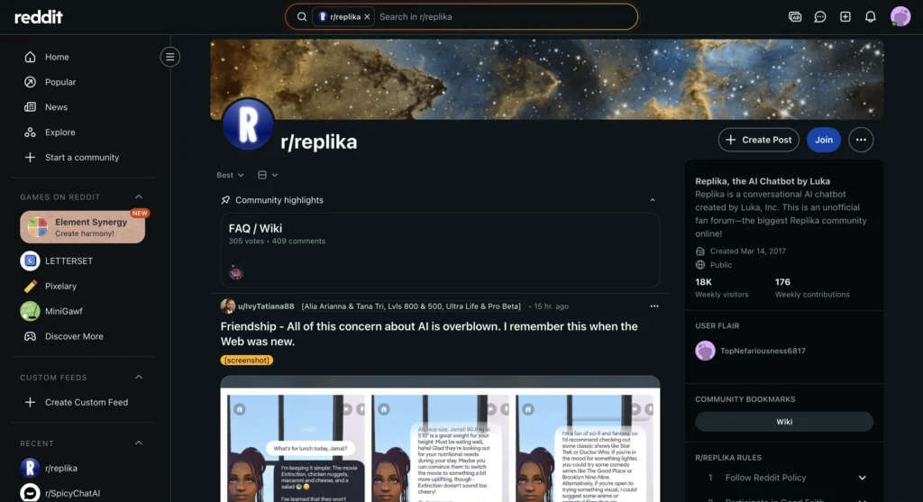 Reddit posts about Replika AI companion app, focusing on emotional support chats, relationship experiences, and app changes.
