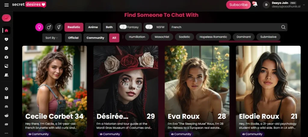 French AI companion interface on Secret Desires app.