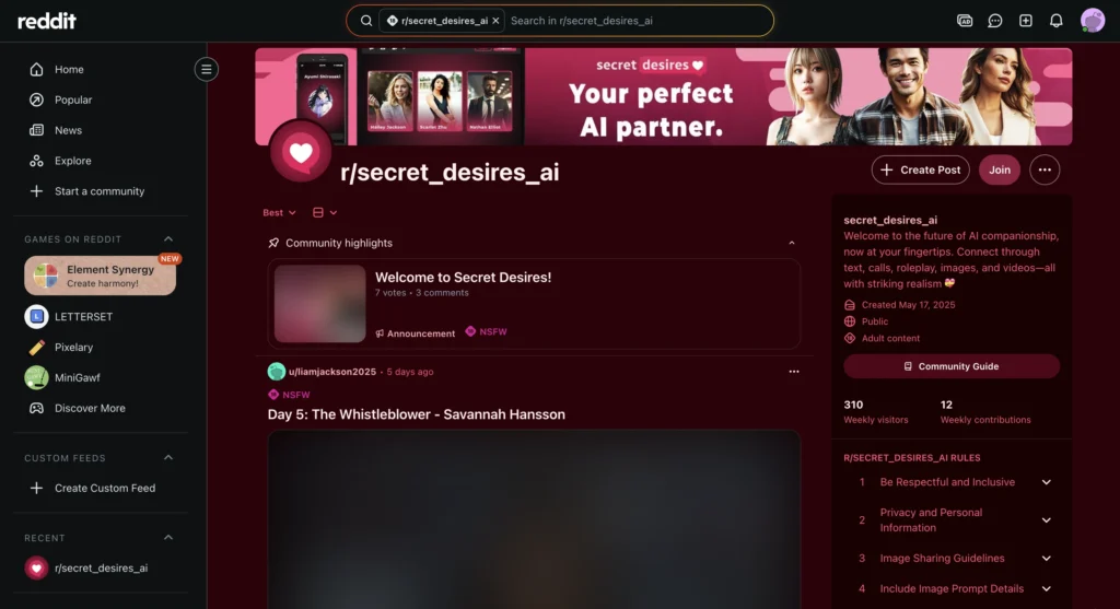 Reddit subreddit r/secret_desires_ai showing community posts about AI girlfriend app reviews, romantic AI interactions, and user feedback.
