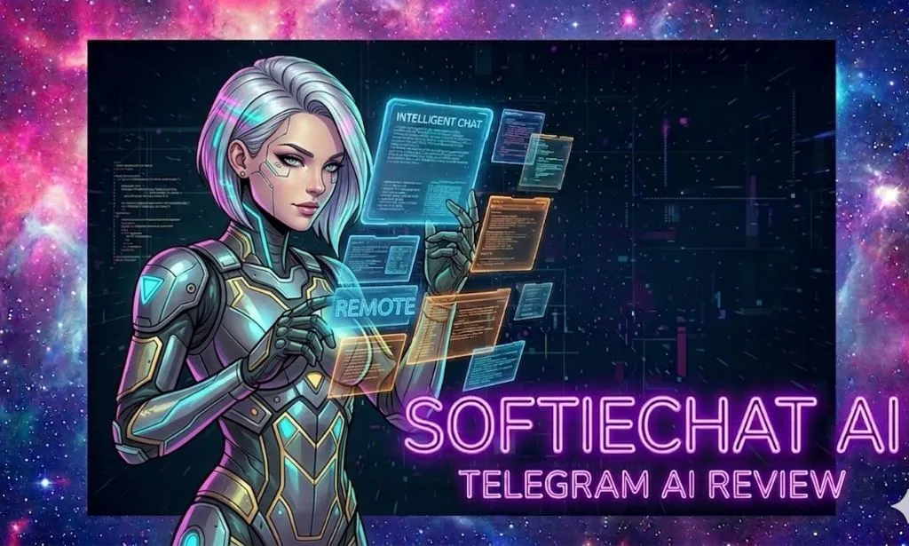 SoftieChat AI Telegram bot review featured banner showing a digital interface with AI characters.