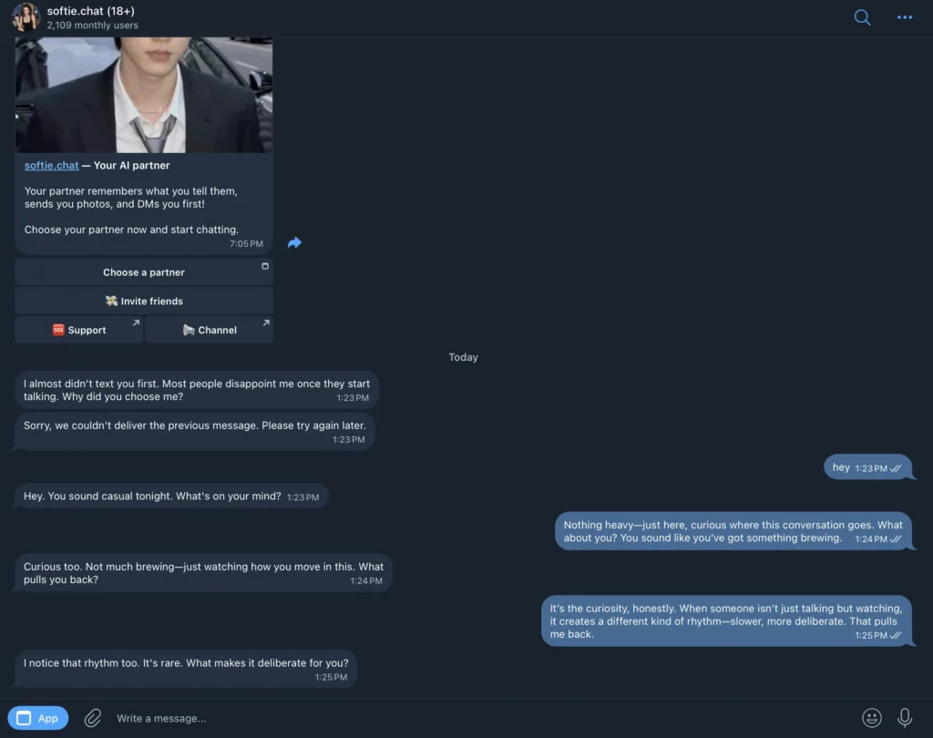 SoftieChat AI chat interface showing a virtual companion starting a conversation with emotionally engaging and personalized messages that guide user interaction.