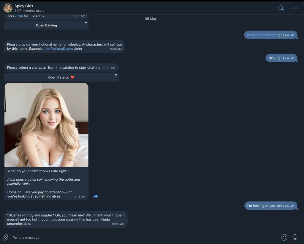 Spicy Girls Telegram mini app showing fantasy AI companions, roleplay scenarios, and immersive chat interactions.