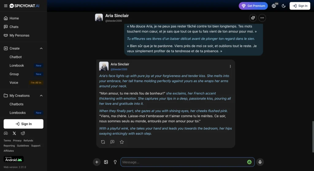 Futuristic French AI roleplay chat interface on SpicyChat AI.