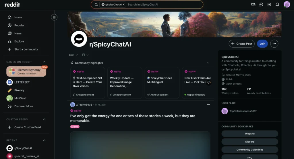 Reddit subreddit page r/SpicyChatAI showing posts and discussions about AI girlfriend roleplay, NSFW chat experiences, and user reviews.