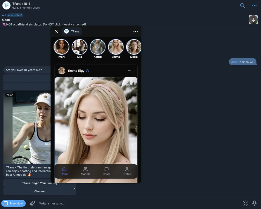 TFans AI companion interface on Telegram showing virtual girlfriend chats.