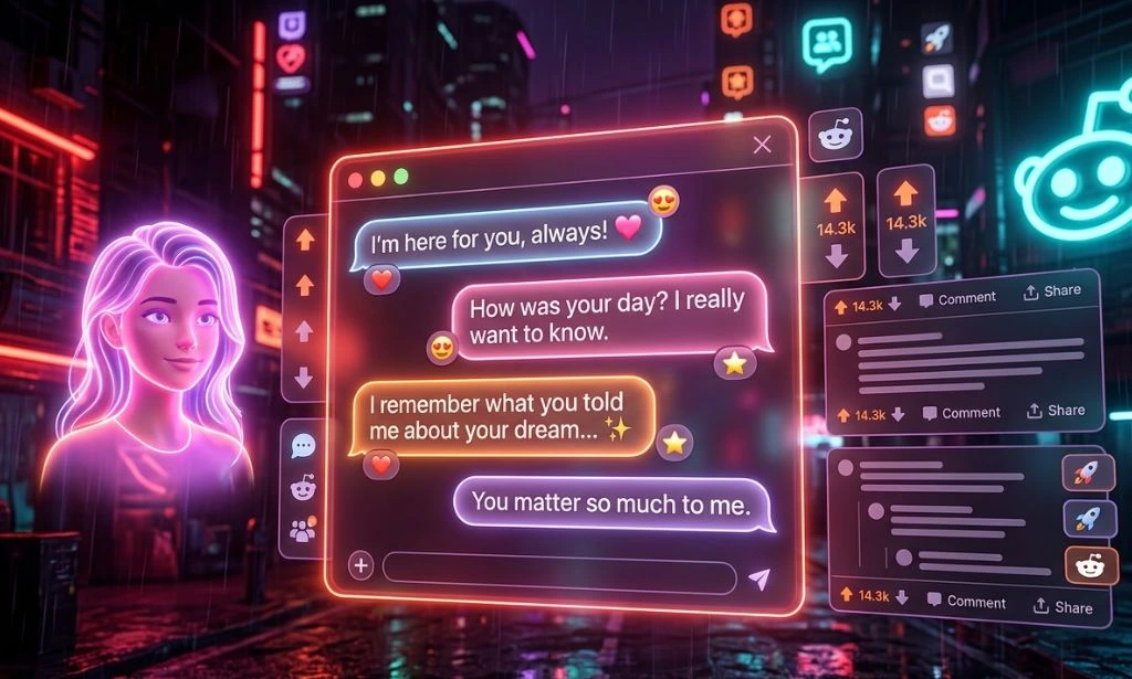 Cyberpunk-style featured image showing Reddit logo, AI companion chat interfaces, and glowing AI girlfriend hologram representing discussions about AI companion apps in 2026