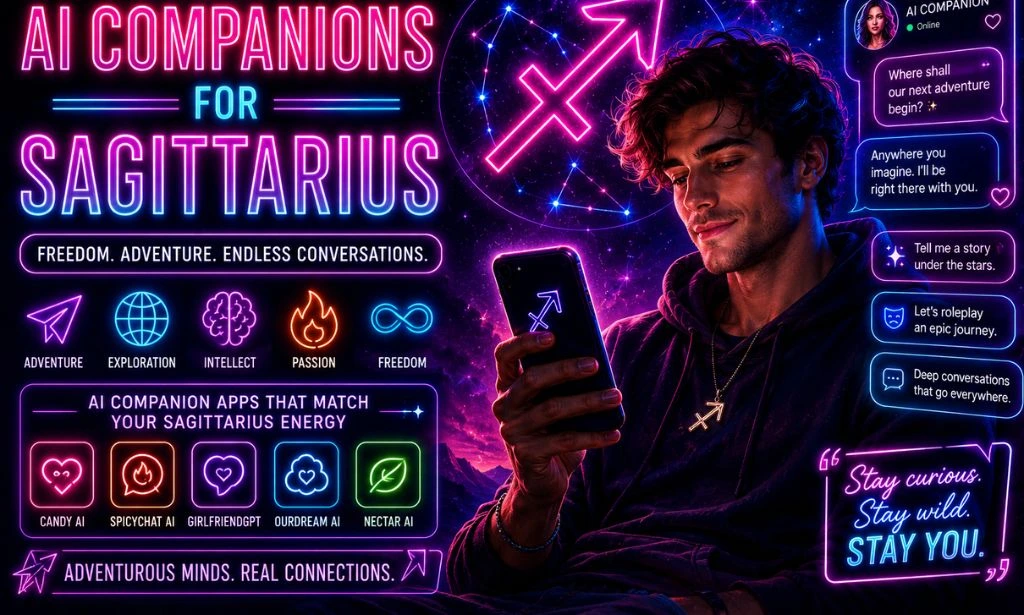 Neon futuristic featured image showing a Sagittarius man using AI companion apps with glowing zodiac symbols and cyberpunk-style visuals.